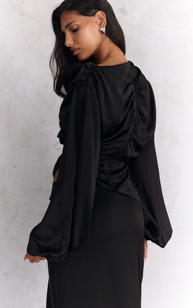 Black Satin Cut Out Long Sleeve Blouse image 2