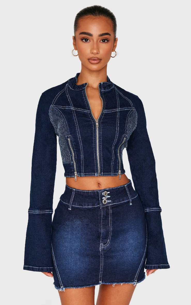 Petite Indigo Stitch Zip Cropped Denim Jacket PrettyLittleThing CA