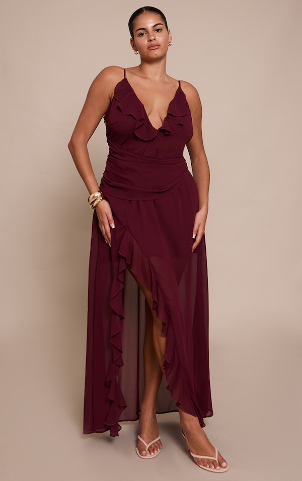 Plus Wine Chiffon Frill Plunge Strappy Maxi Dress