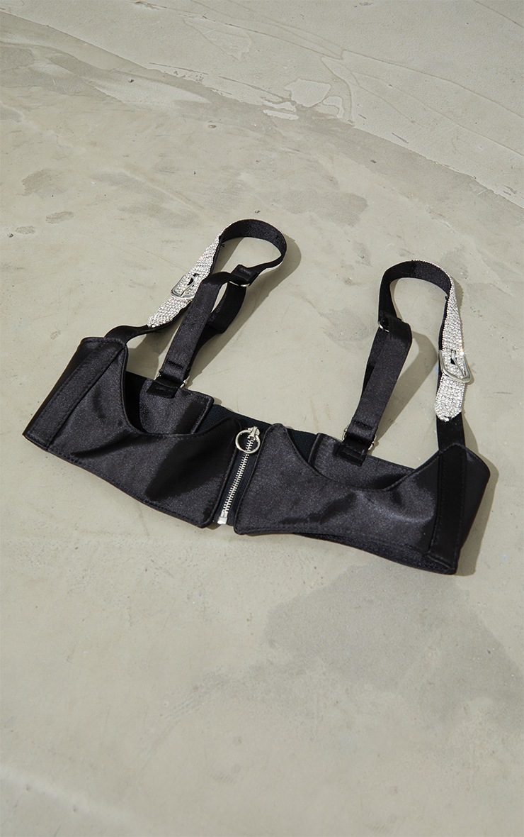 Ceinture corset satinée noire découpée à lanière strassée image 2