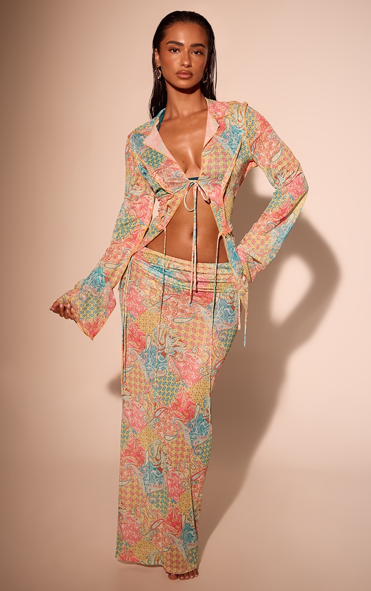 Lemon Paisley Print Mesh Tie Side Beach Skirt