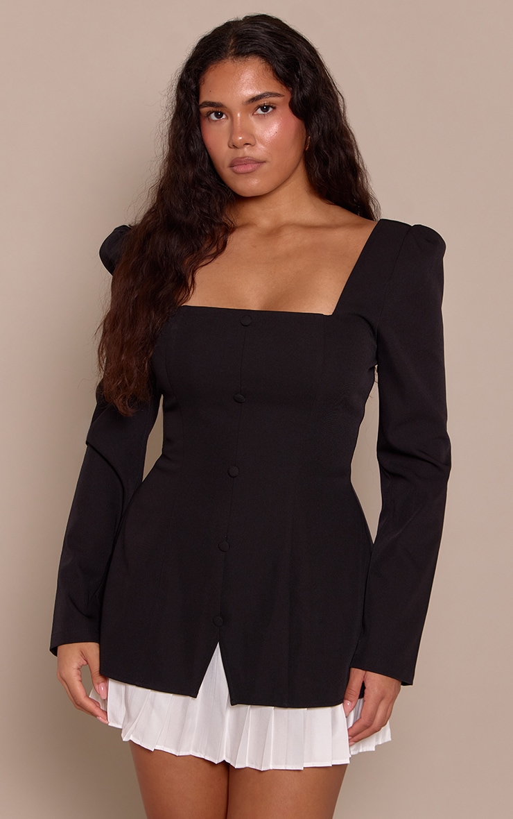 Shape Black Pleated Shoulder Pad Mini Dress