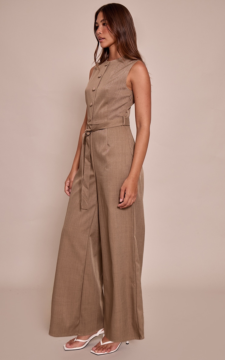 Taupe Woven Button Tie Belt Wide Leg Jumpsuit image 3