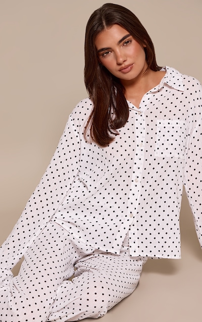 Cream Polka Dot Crinkle Button Up Long Sleeve Pyjamas