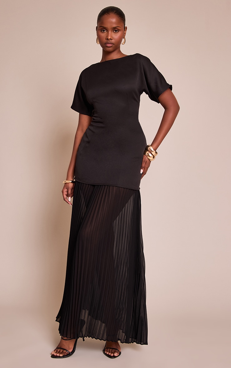 Black Satin Back Tie Pleated Hem Maxi Dress image 1