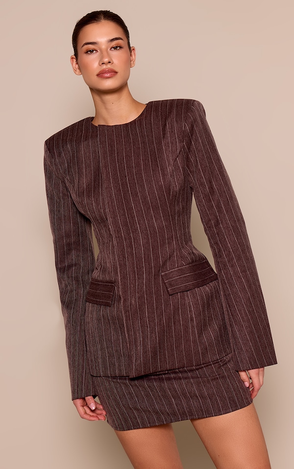 Brown Pinstripe Woven Structured Blazer