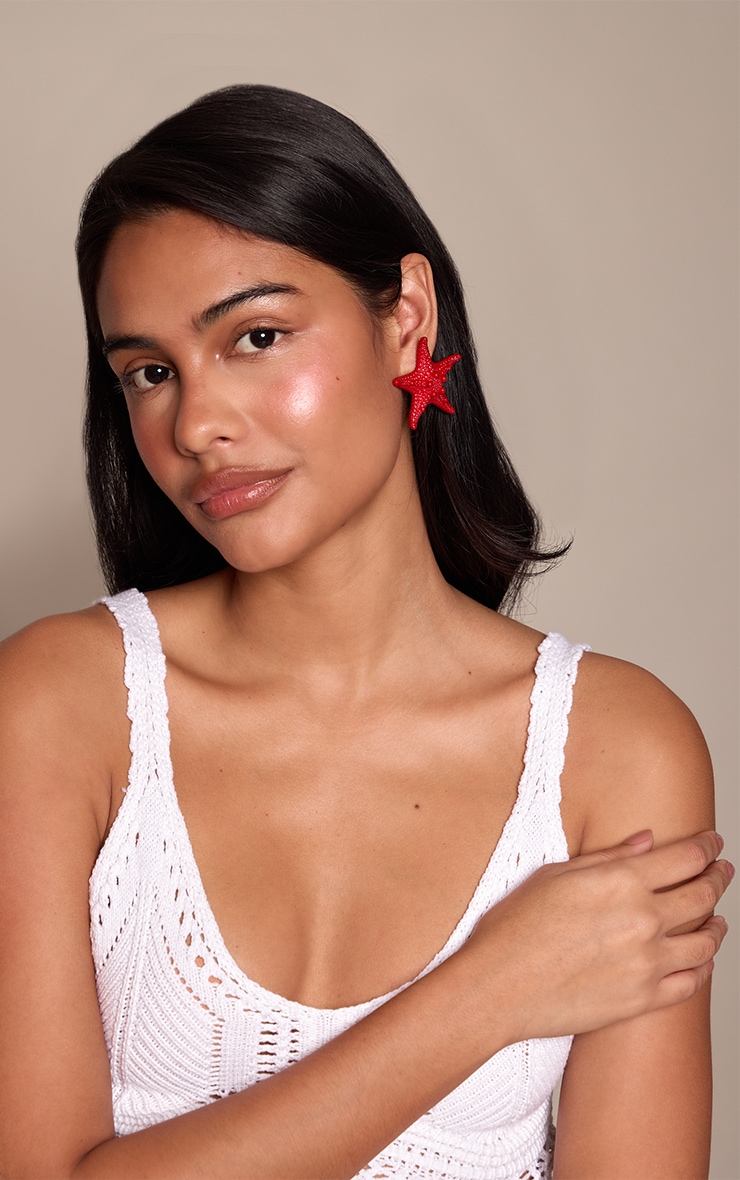 Berry Red Textured Starfish Statement Earrings