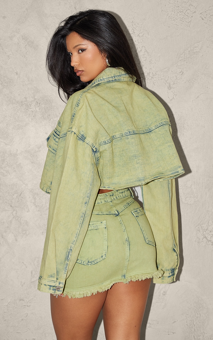 Green Tint Acid Wash Crop Denim Jacket image 2