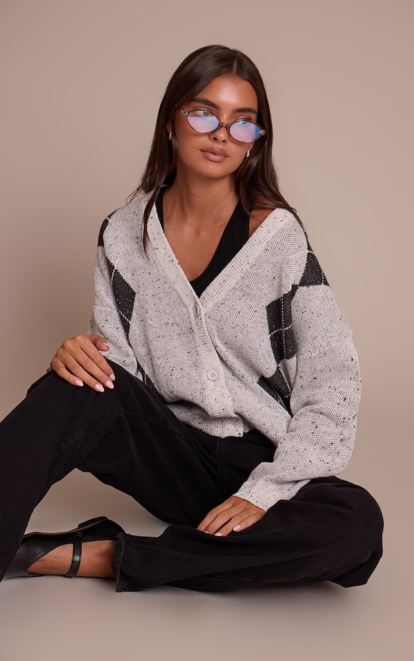 Grey Argyle Oversized Knit Cardigan