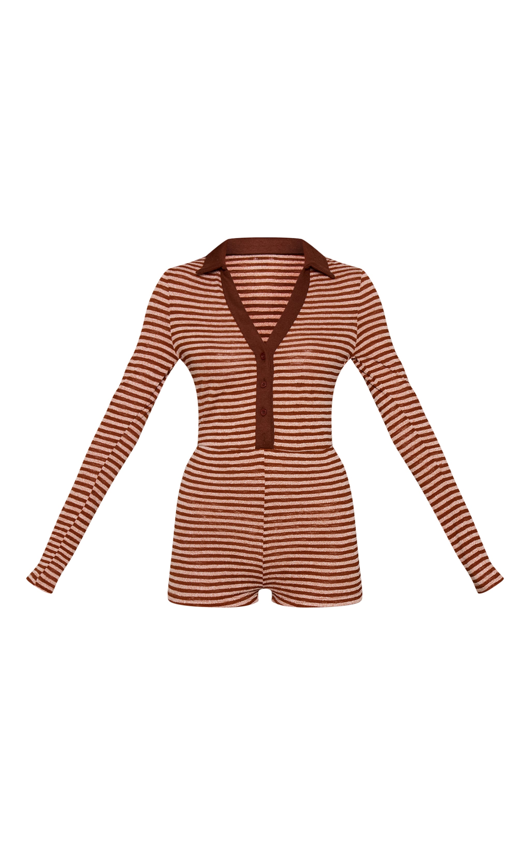 Brown Striped Rib Long Sleeve Collar Detail Romper image 5