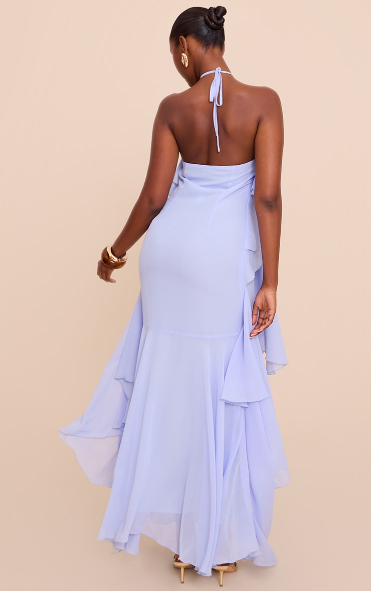 Light Blue Chiffon Frill Halterneck Floaty Maxi Dress image 2