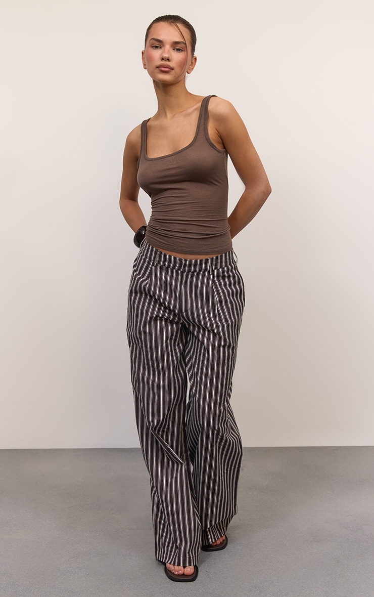 Brown Stripe Linen Look Tailored Straight Leg Trousers