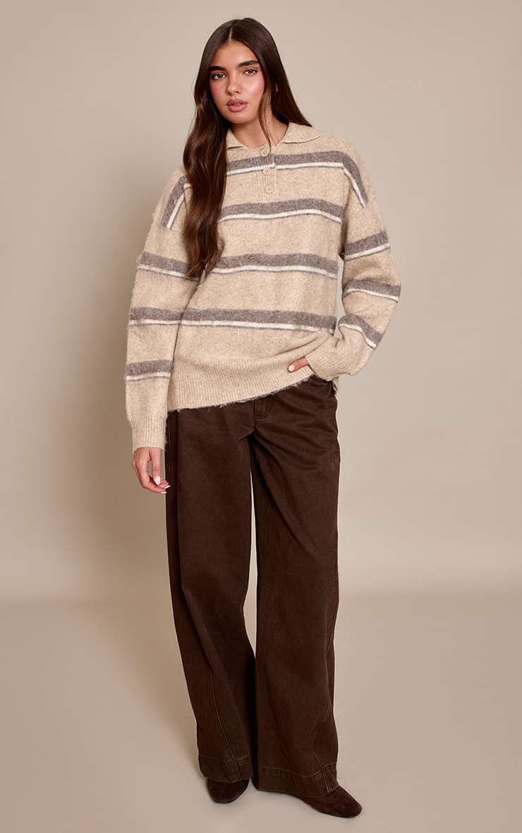 Taupe Striped Brushed Knit Oversized Rugby Style Sweater image 3
