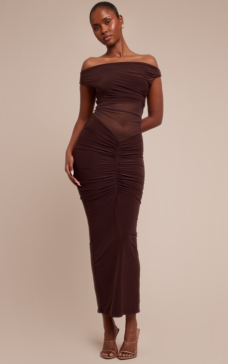 Robe longue en mesh chocolat à épaule unique et partie superposée image 1