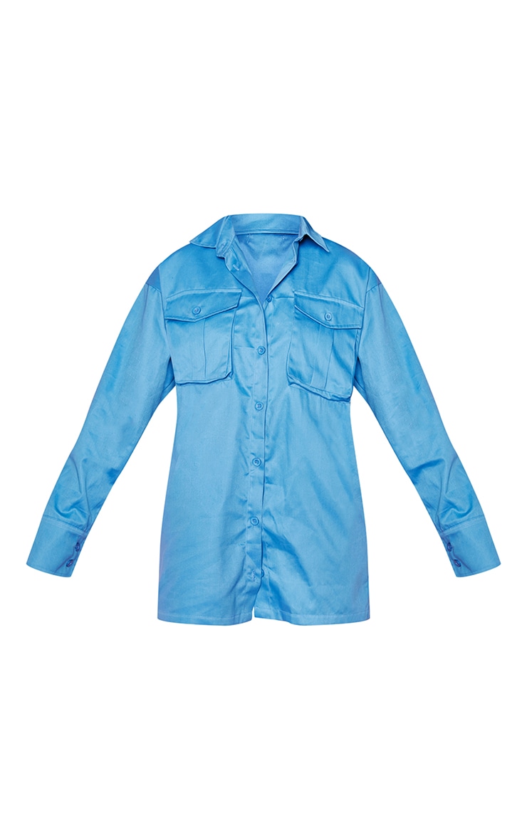 Bright Blue Cargo Pocket Detail Oversized Shirt Dress image 5