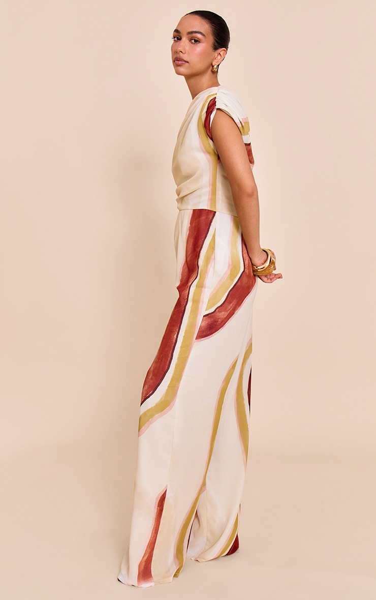 Cream Abstract Chiffon One Shoulder Ruched Jumpsuit image 3