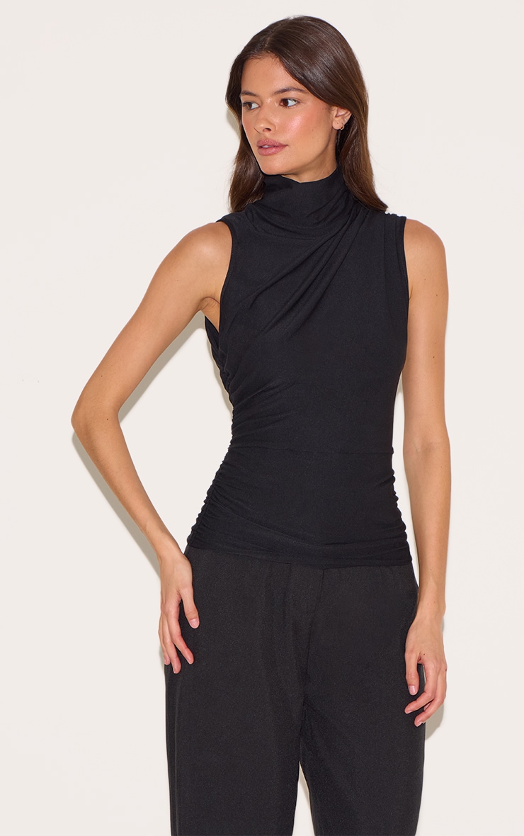 Black Soft Touch Ruched Side High Neck Top image 4