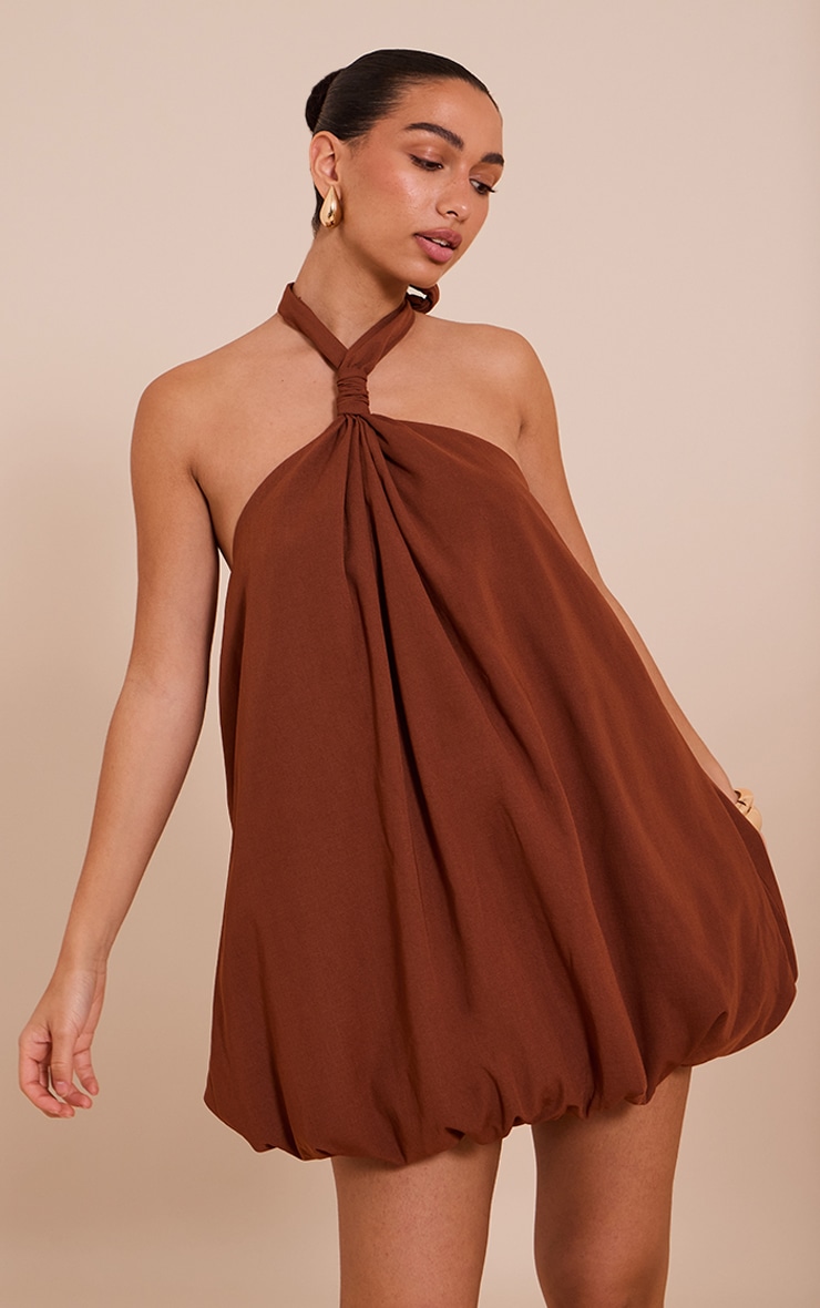 Chocolate Halterneck Puffball Mini Dress image 1