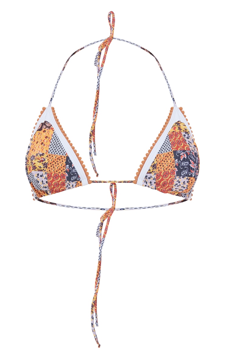 Brown Paisley Print Embroiderd Edge Triangle Bikini Top