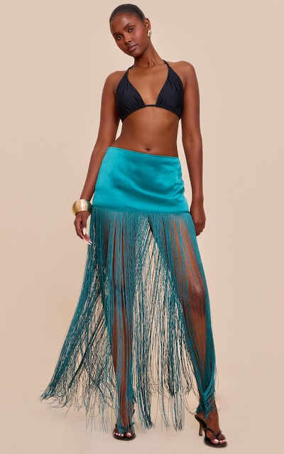 Teal Satin Extreme Tassel Trim Mini Skirt
