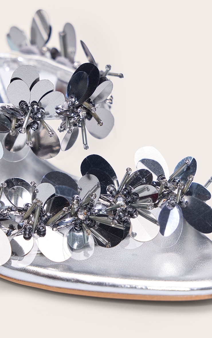 Silver Sequin Flower Detail Heeled Sandals image 5