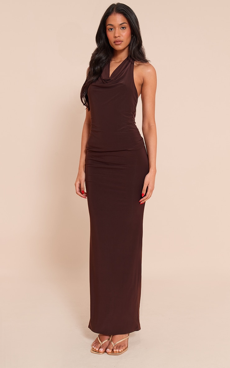 Tall Chocolate Matte Sculpt Halterneck Gold Detail Backless Top image 3