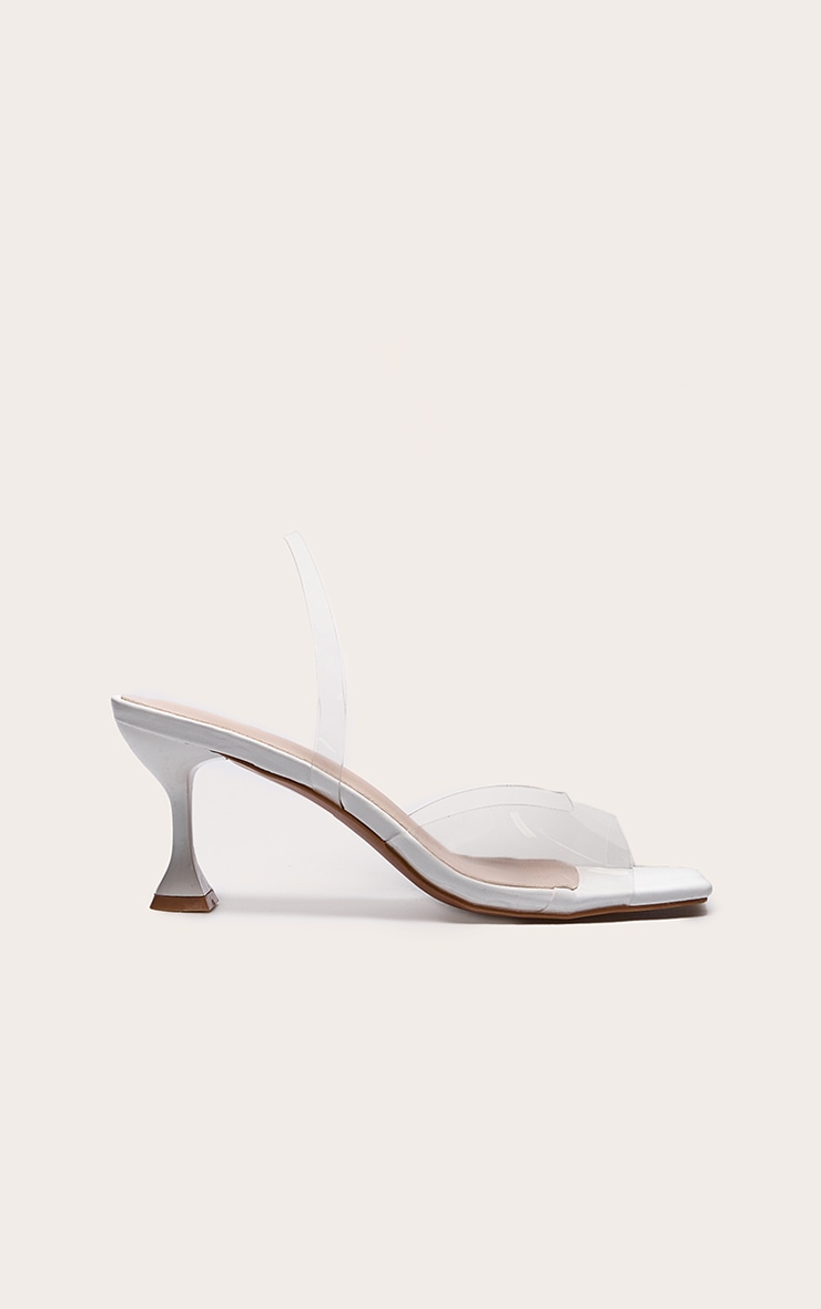 White Low Cake Stand Square Toe Clear Strap Slingback Heeled Sandals