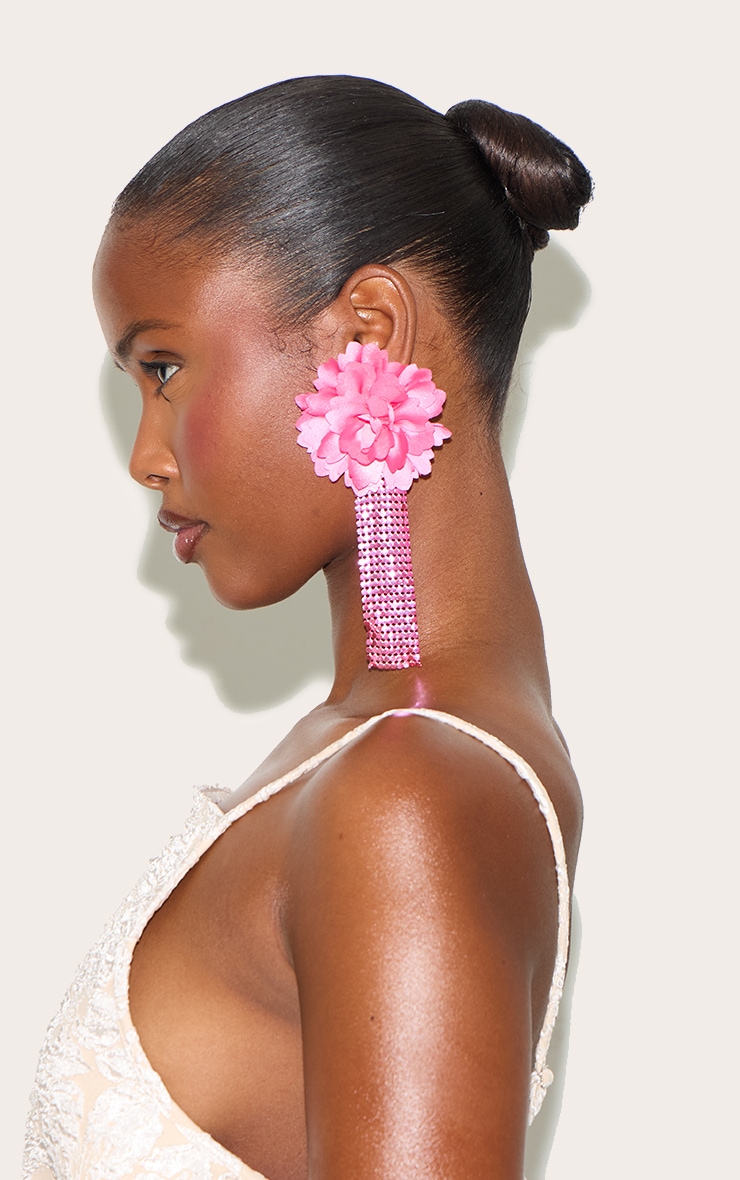Pink Large Floral Chain Tassel Statement Earrings image 1