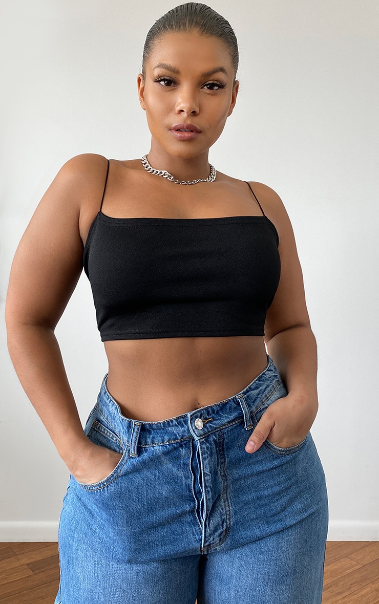 Plus Black Crepe Spaghetti Strap Bandeau Crop Top