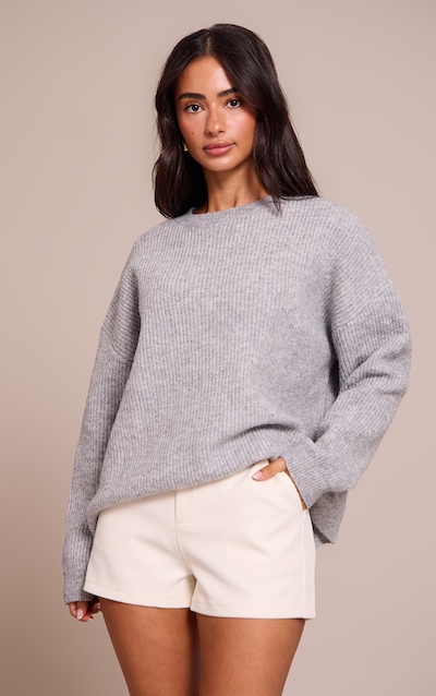Petite Sweat en maille tricot gris cendré à col rond et manches raglan