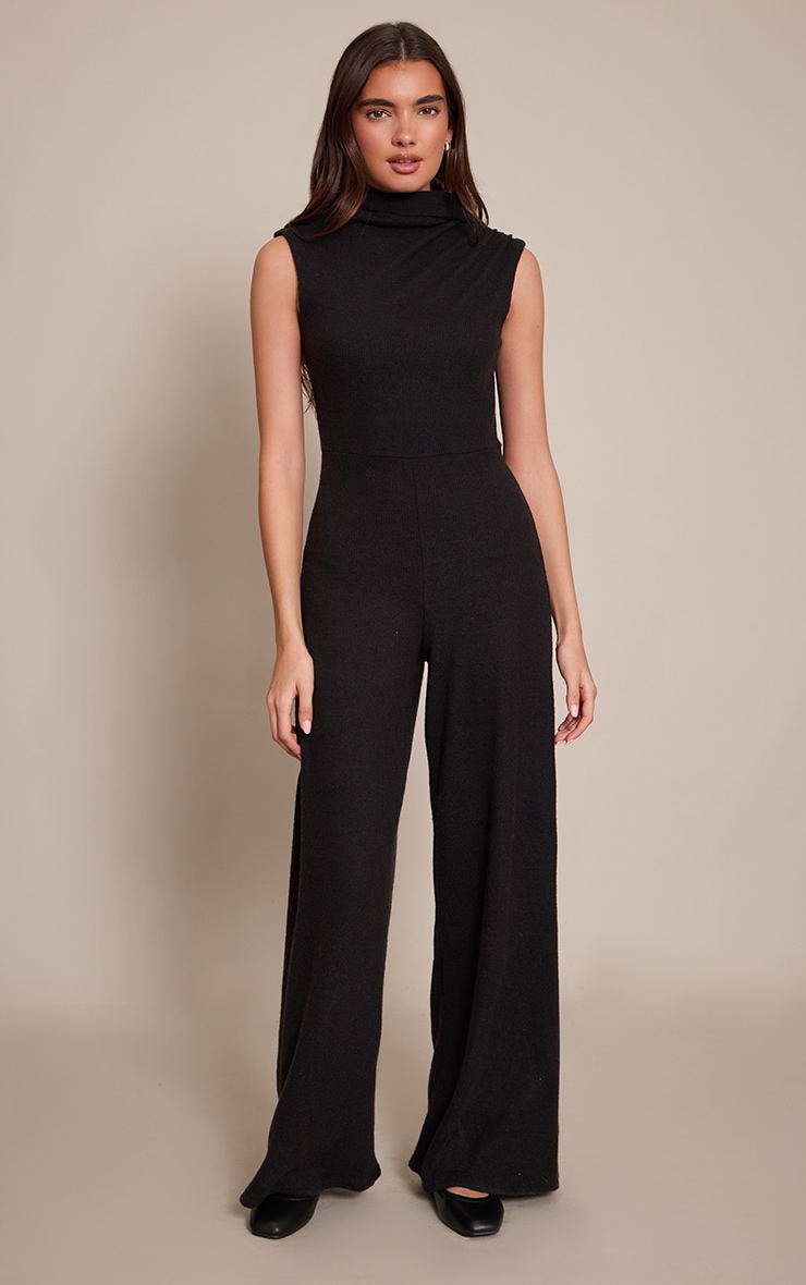 Black Ribbed Ruched Scarf Detail Wide Leg Jumpsuit image 1