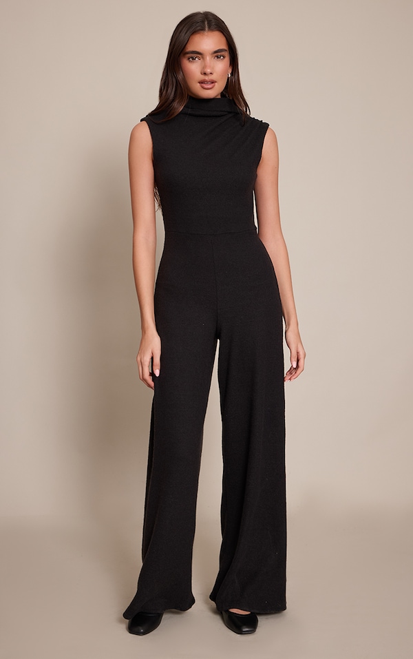 Black Ribbed Ruched Scarf Detail Wide Leg Jumpsuit