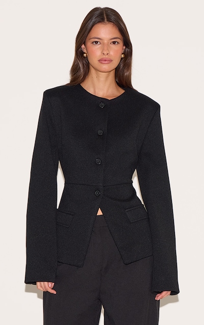 Black Button Up Longline Collarless Blazer