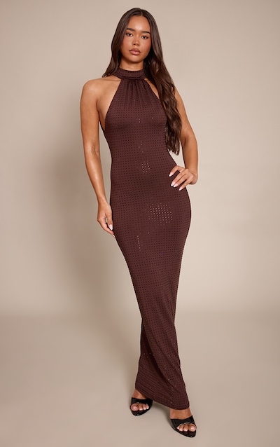 Chocolate Hotfix Halterneck Backless Maxi Dress