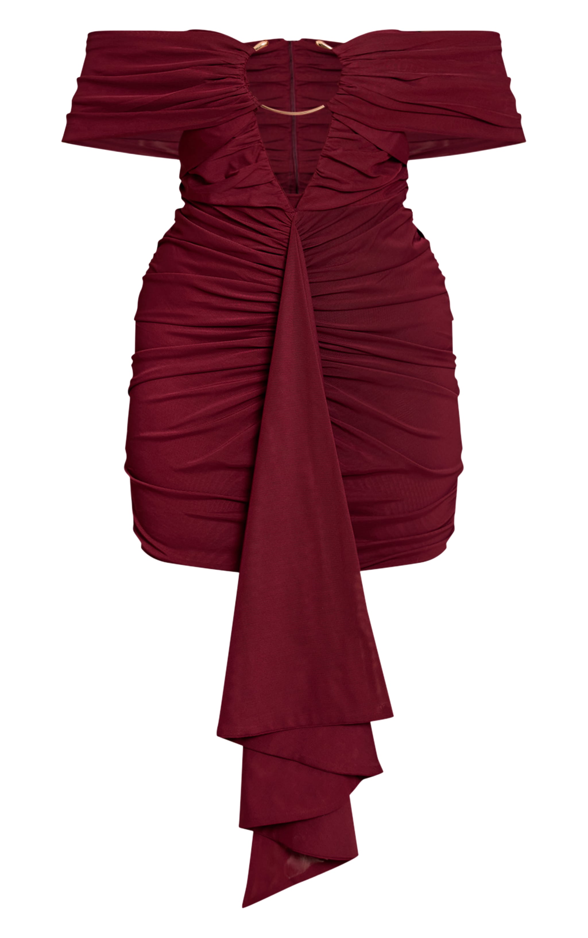 Shape Wine Mesh O Ring Plunge Bardot Mini Dress image 5