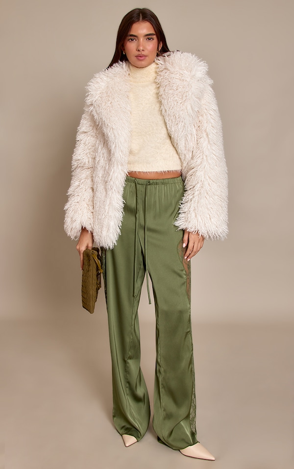 Dark Olive Satin Lace Drawstring Trousers