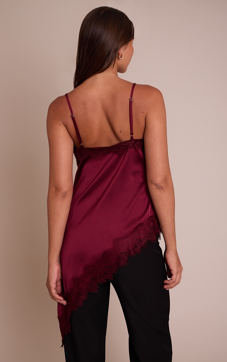 Plum Satin Lace Detail Asymmetric Long Top image 2