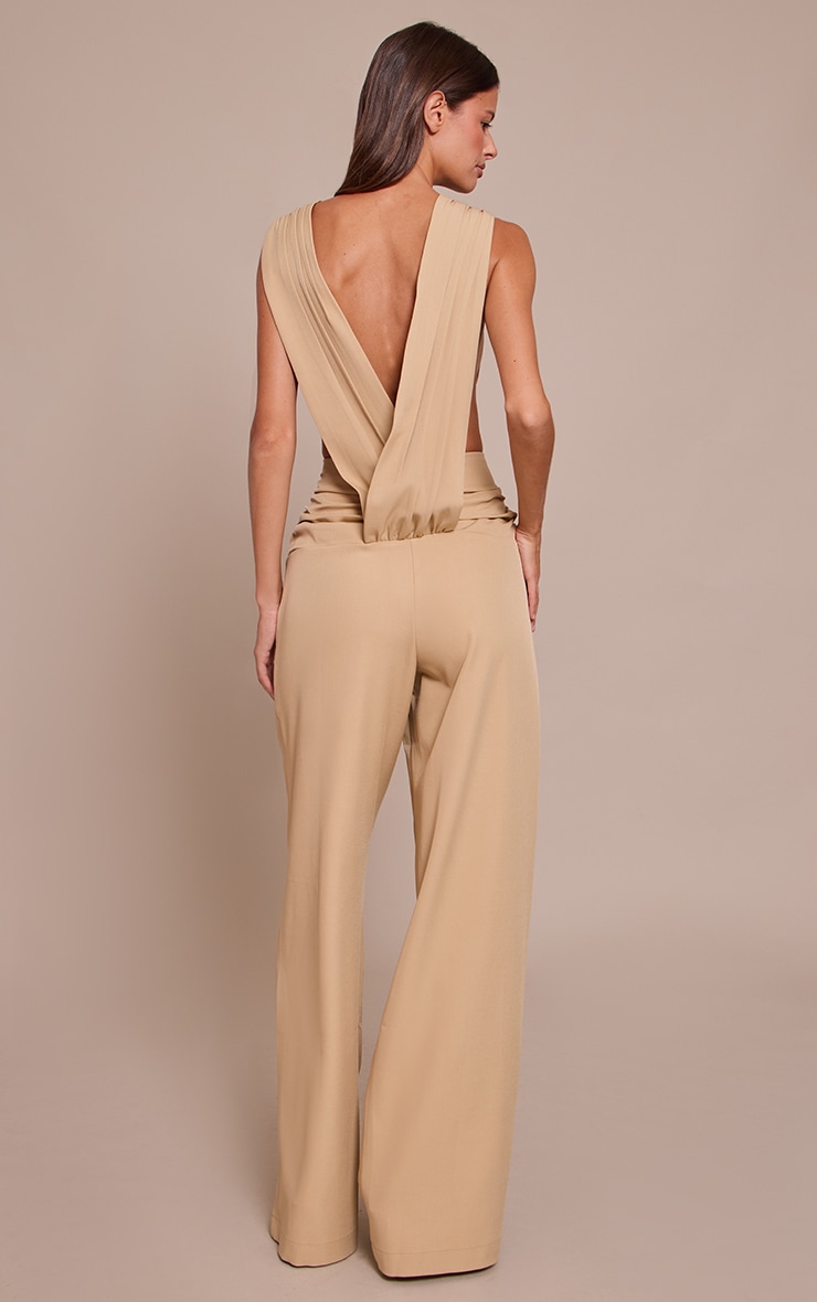 Khaki Woven Crew Neck Ruched Wide Leg Jumpsuit image 2