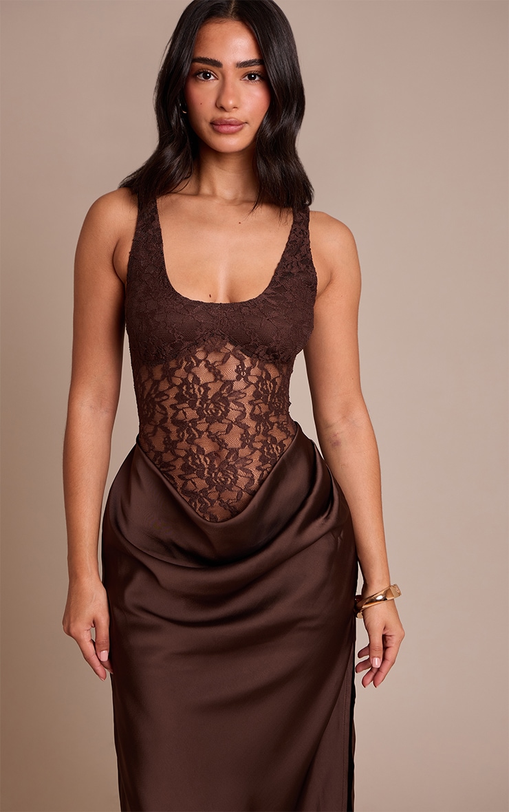 Petite Chocolate Lace & Satin Maxi Dress image 4