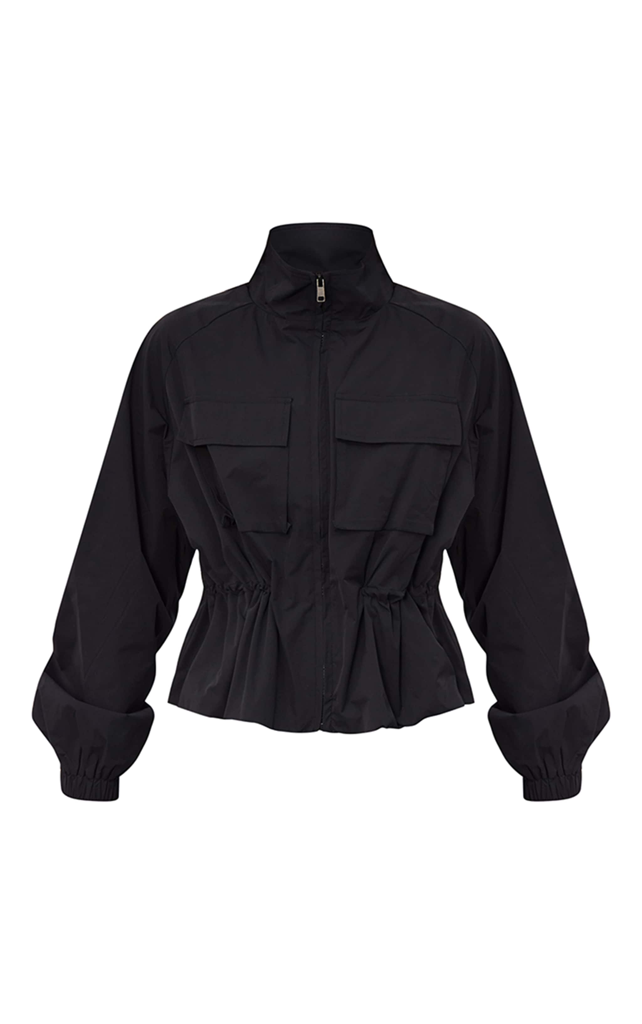 Black Cinch Waist Pocket Detail Rain Coat image 5