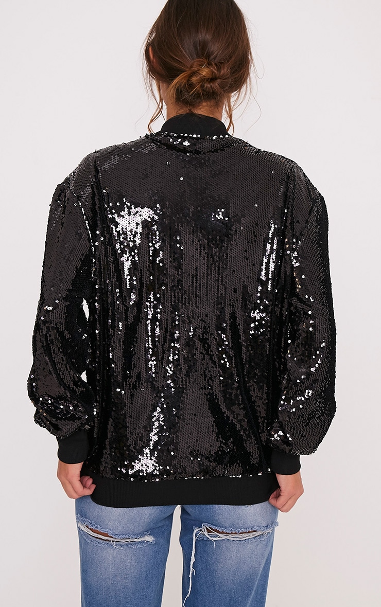 Iola Black Sequin Bomber Jacket PrettyLittleThing