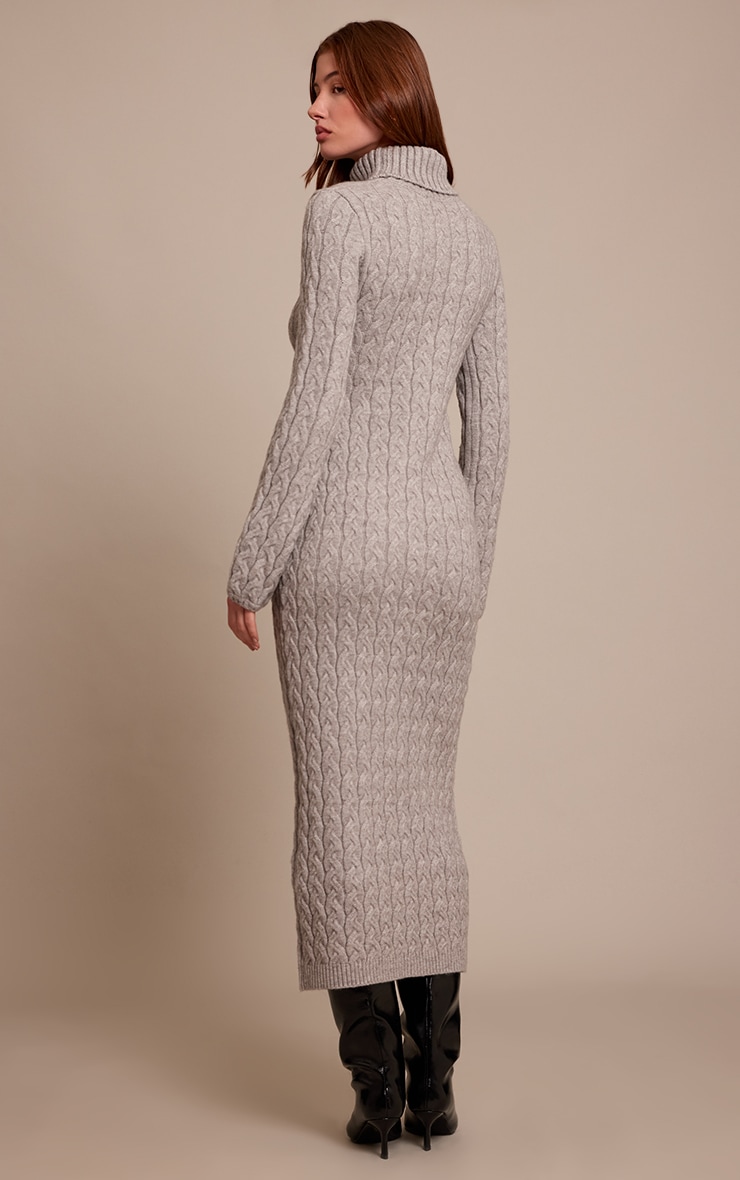 Grey Chunky Cable Knit Roll Neck Maxi Sweater Dress image 2