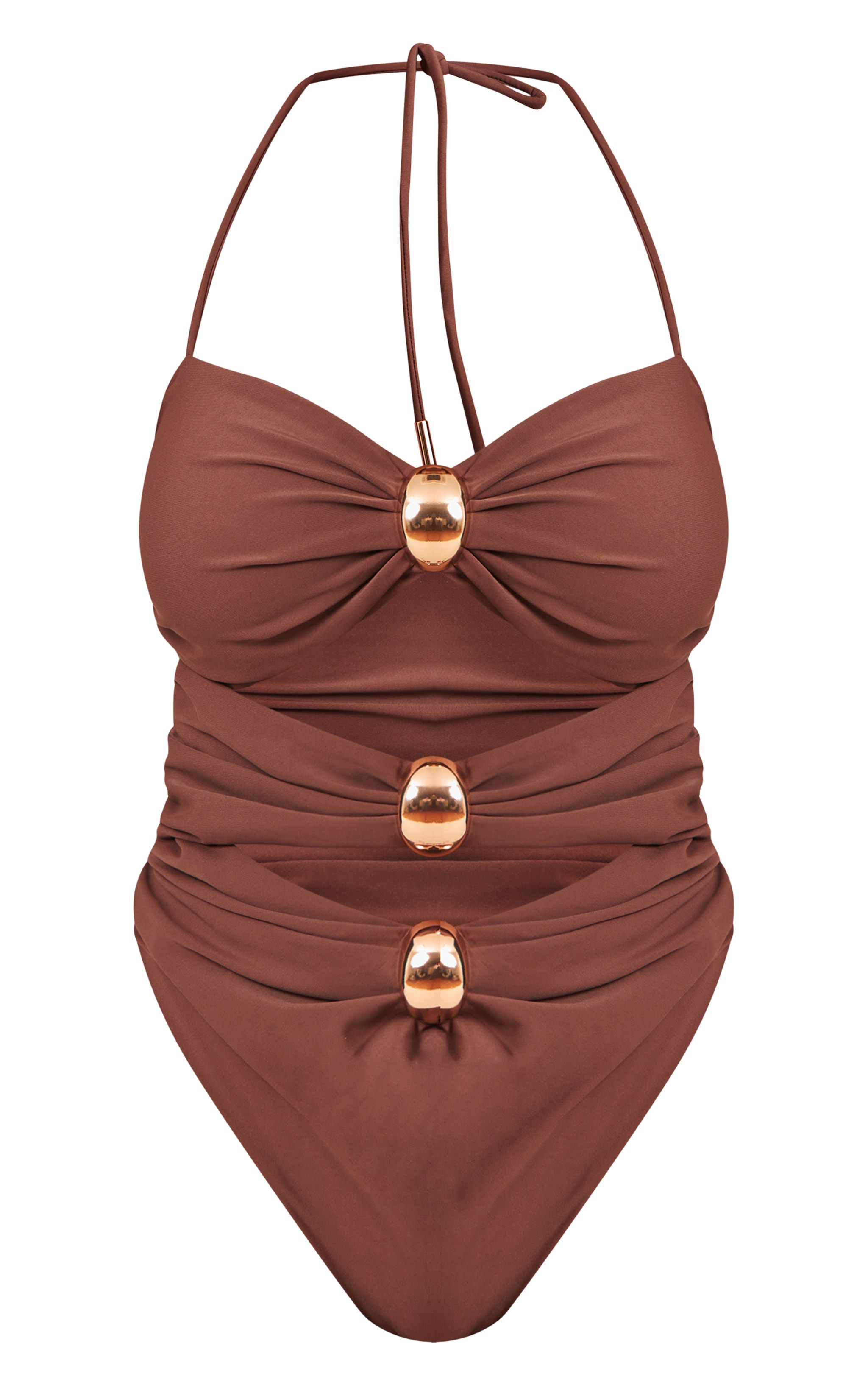 Shape Chocolate Strappy Gold Trim Twist Front Swimsuit image 6