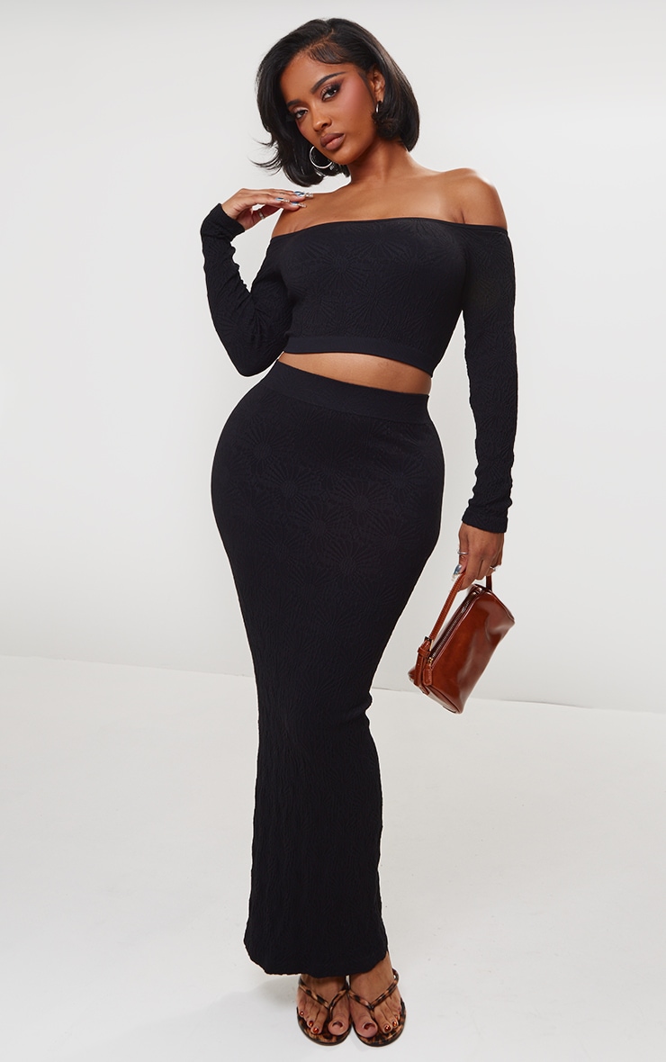 Shape Black Textured Seamless Bardot Long Sleeve Crop Top image 3