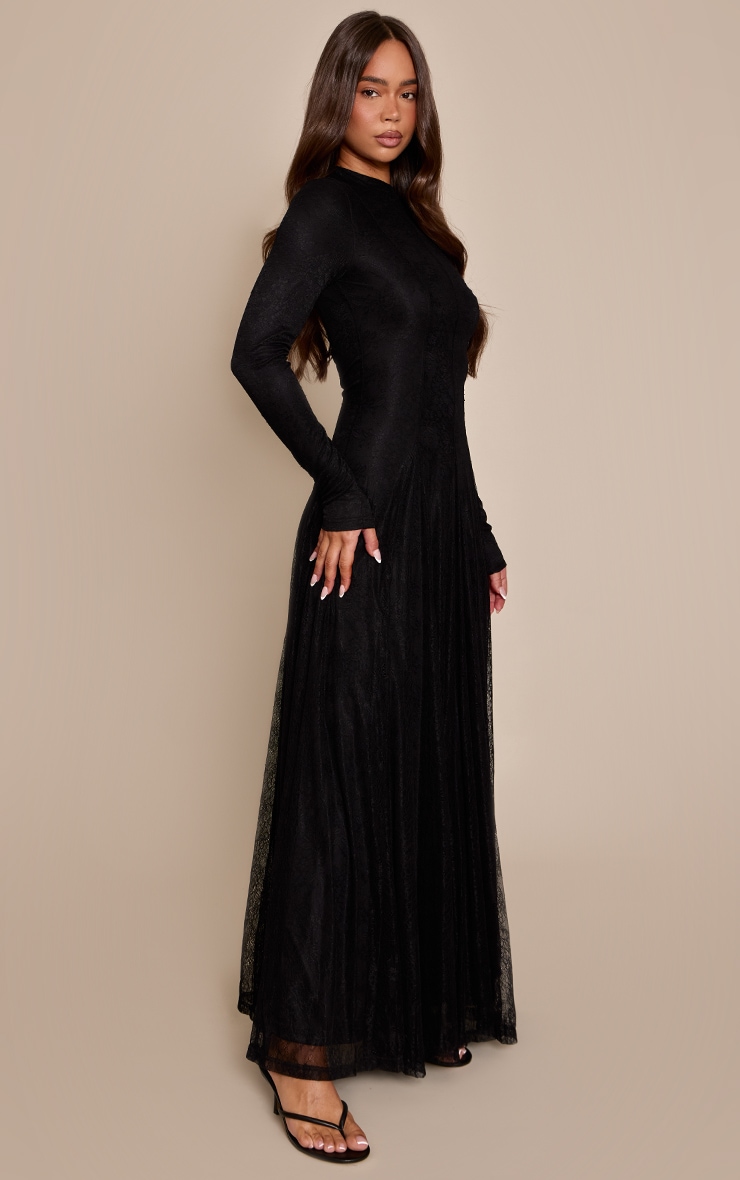 Black Lace Boat Neck Long Sleeve Godet Maxi Dress image 3