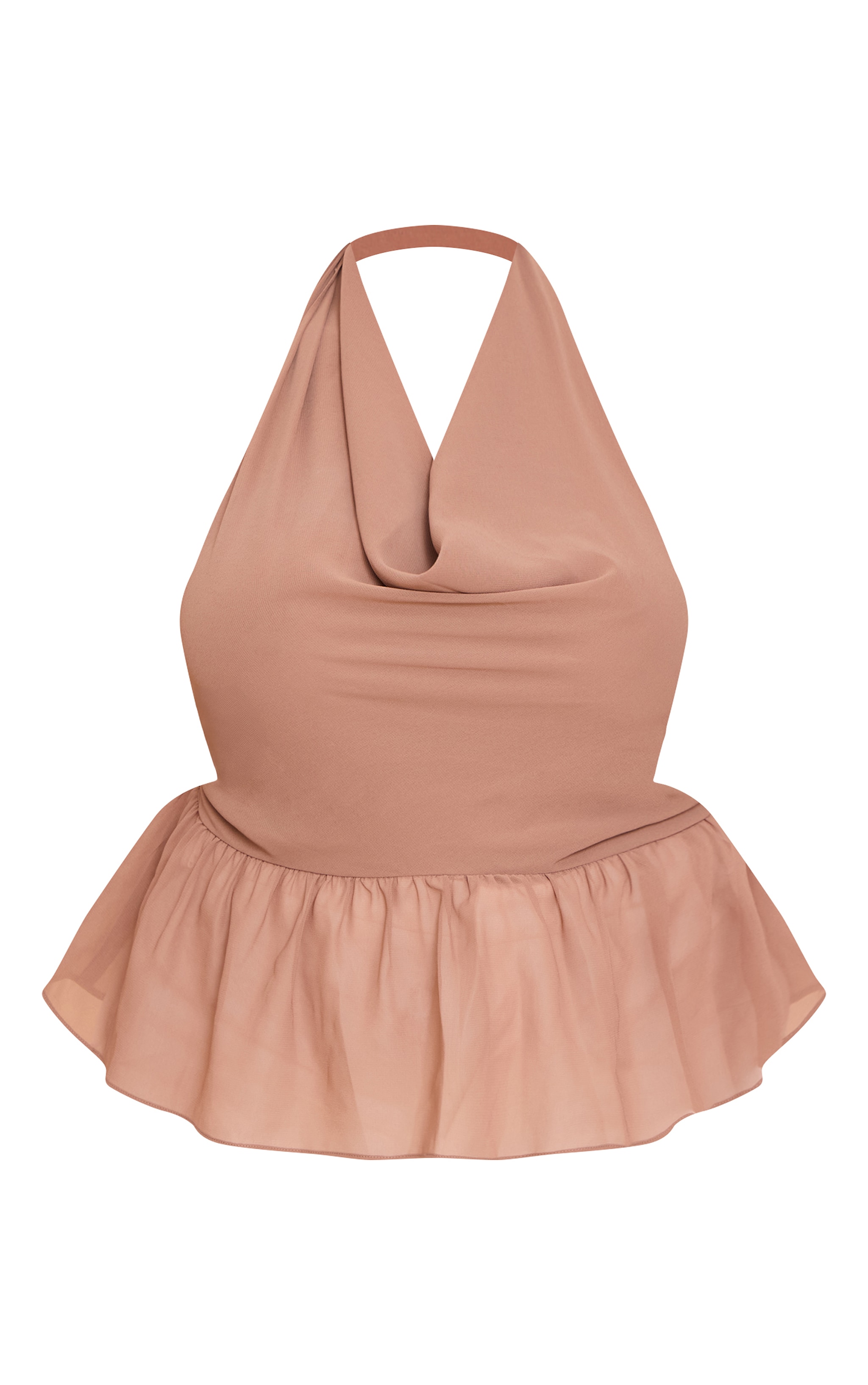 Plus Mocha Chiffon Cowl Peplum Hem Halterneck Top image 5