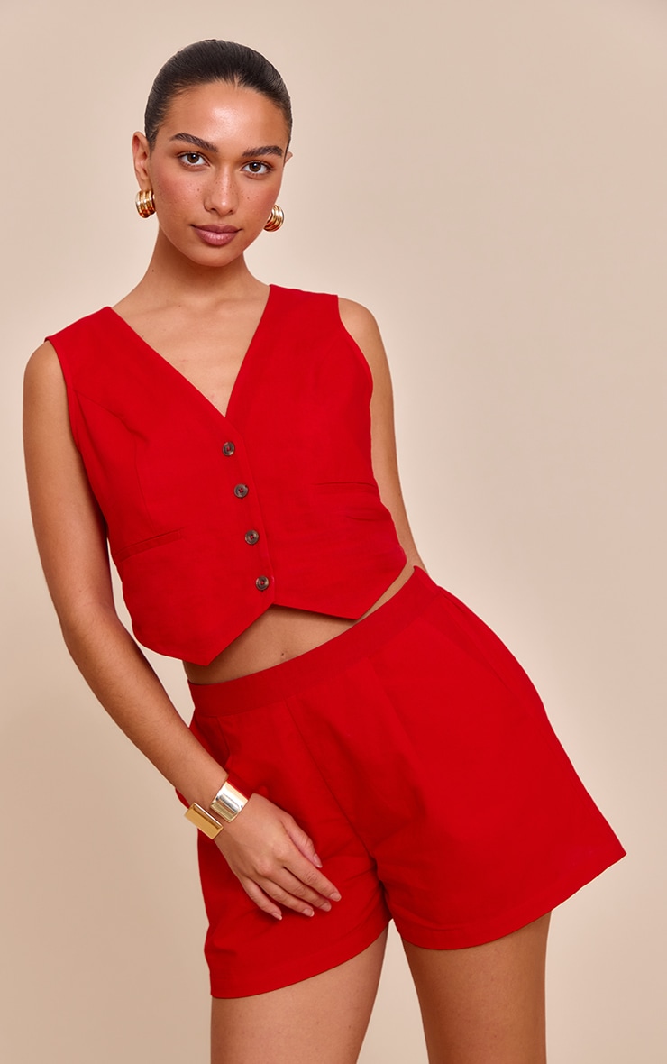 Tomato Red Linen Look Boxy Detail Vest image 1