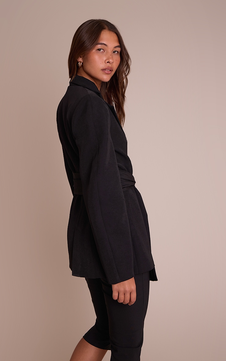 Black Gathered Wrap Waist Belted Blazer image 2