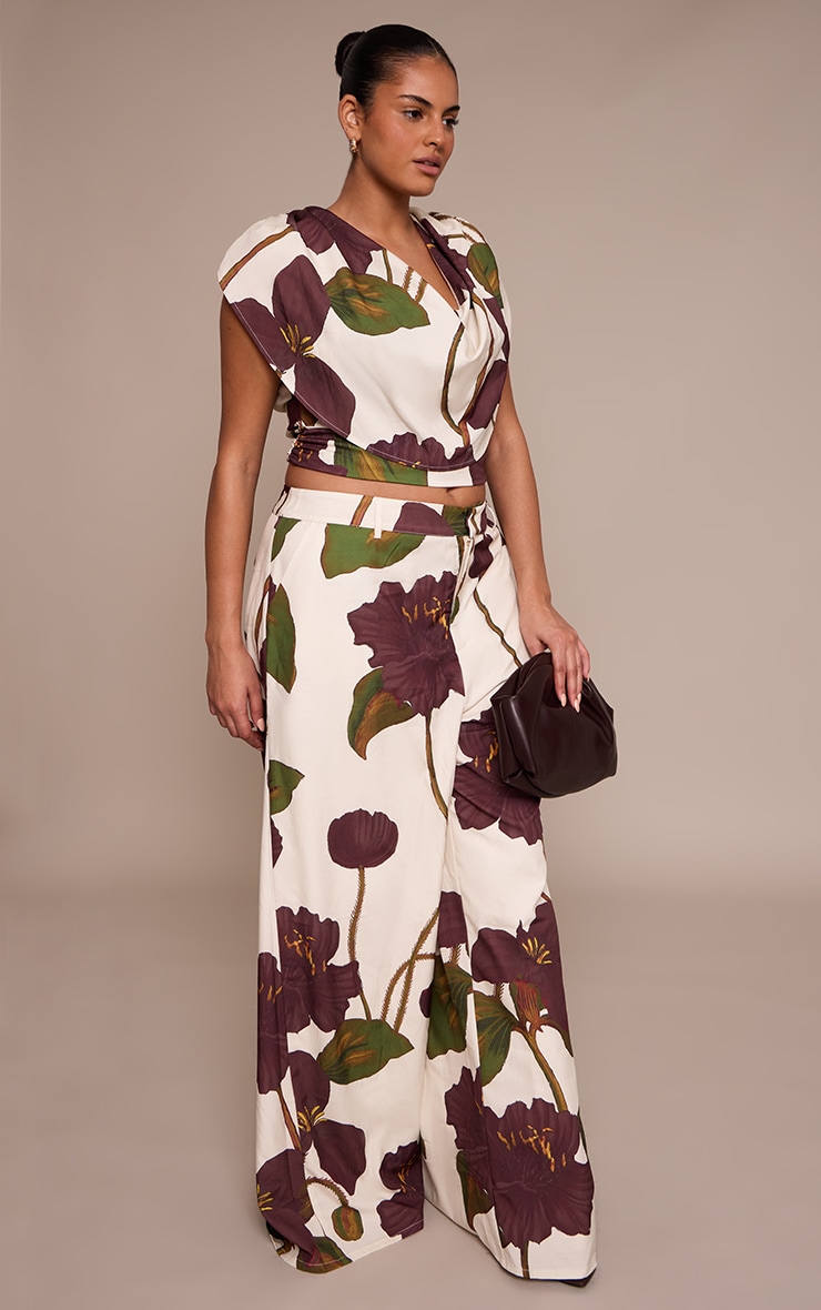 Plus Floral Print Woven Ruched Shoulder Cowl Neck Top  image 3