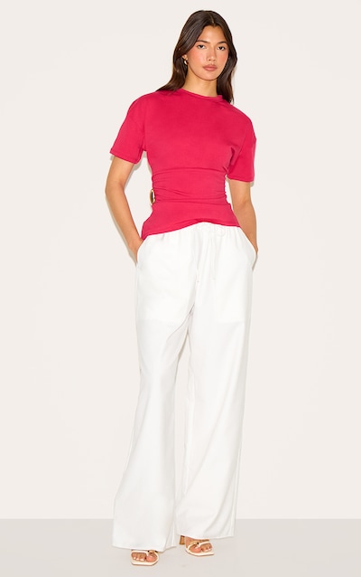 White Woven Drawstring Low Rise Relaxed Trousers